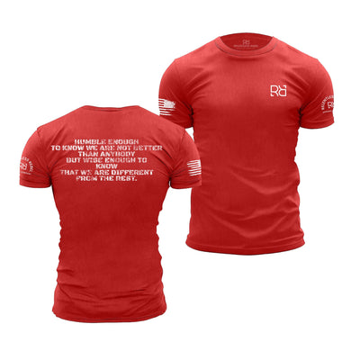 Red t-shirt with text and logos on a white background