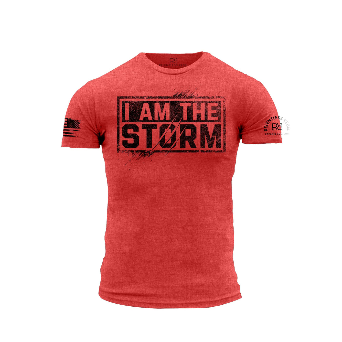 Red t-shirt with 'I AM THE STORM' text on a white background