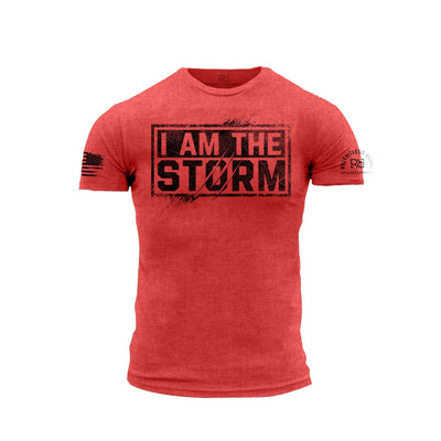 Red t-shirt with 'I AM THE STORM' text on a white background