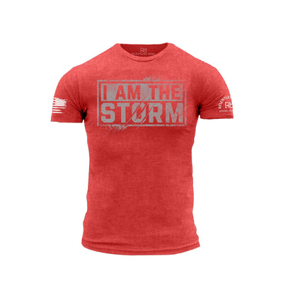 Red t-shirt with 'I AM THE STORM' text on a white background