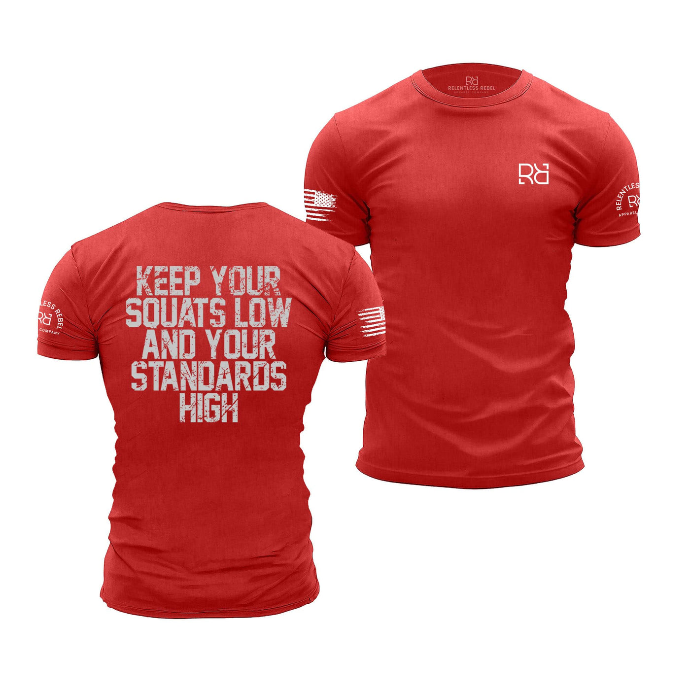 Red t-shirt with motivational text on the front and logo on the sleeve, displayed from front and back views.