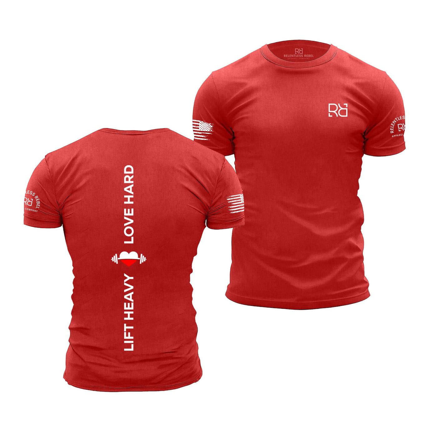 Red t-shirt with white text and logos on a white background