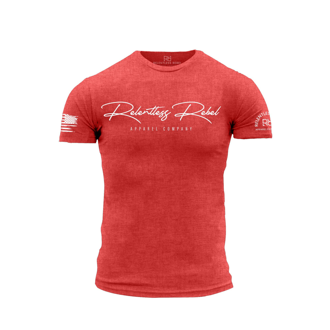 Red t-shirt with white text and logos on a white background