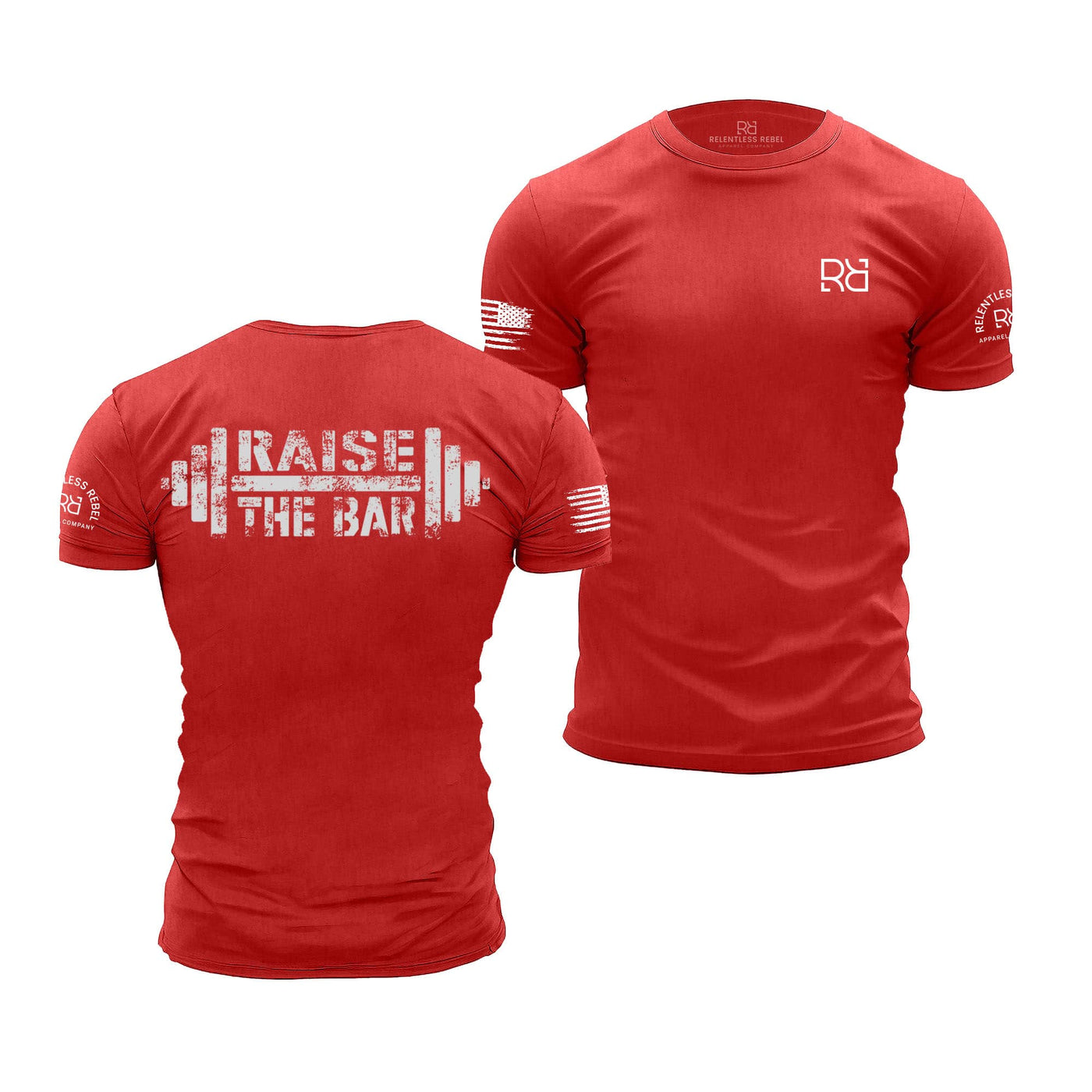 Red t-shirt with 'Raise the Bar' design on the back, displayed from front and back views.