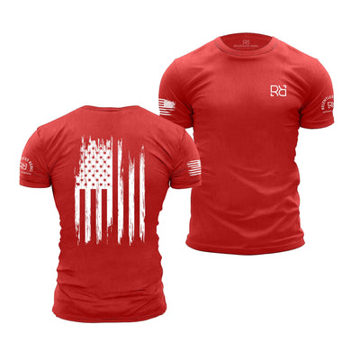 Red t-shirt with American flag design on the back and brand logo on the sleeve, displayed from front and back views.