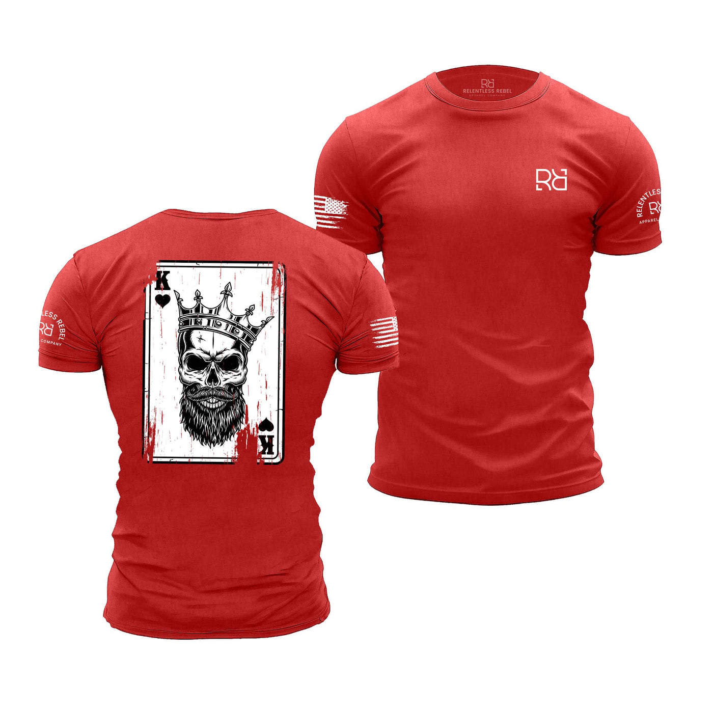 Red t-shirt with a skull and card design on the front and back, featuring a logo on the sleeve.