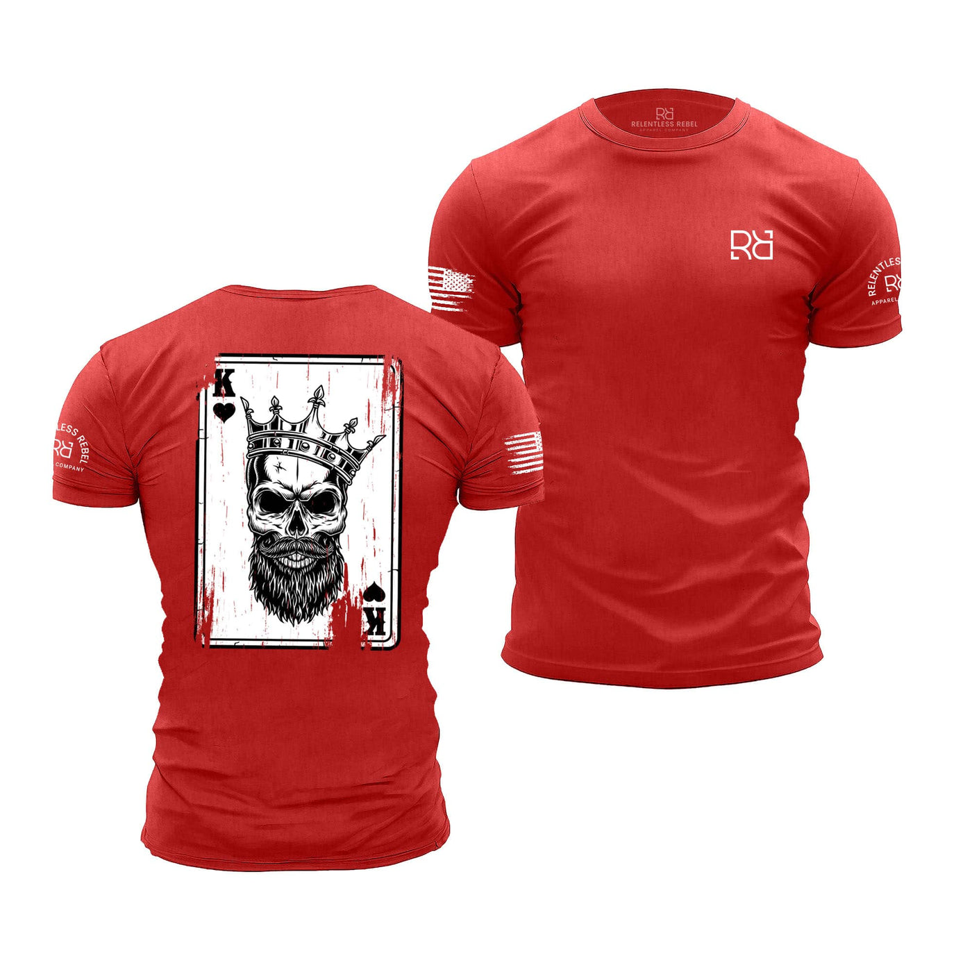 Red t-shirt with skull and card design on front, and logo on sleeve, on white background