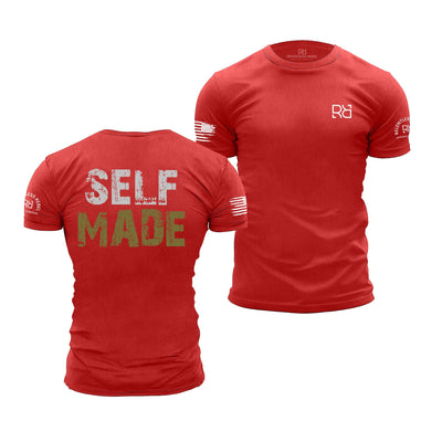 Red t-shirt with 'SELF MADE' text on the back and brand logo on the sleeve, displayed from front and back views.