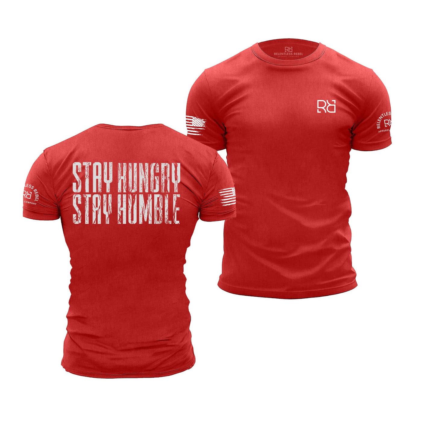 Red t-shirt with 'Stay Hungry Stay Humble' text on the back, displayed from front and back views.