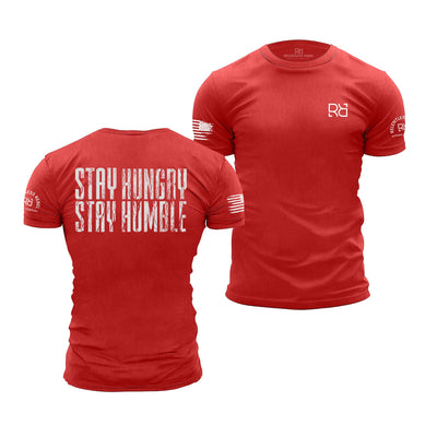 Red t-shirt with 'Stay Hungry Stay Humble' text on the back, displayed from front and back views.