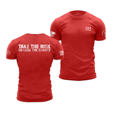 Red t-shirt with text and logo on a white background