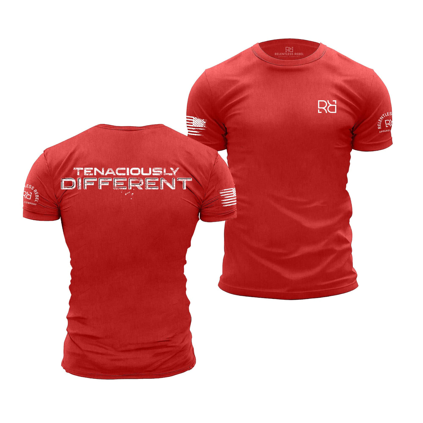 Red t-shirt with 'Tenaciously Different' text on the back and logo on the sleeve, displayed from front and back views.