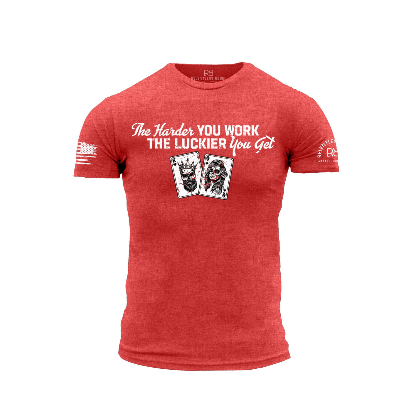 Red t-shirt with white text and card design on a white background