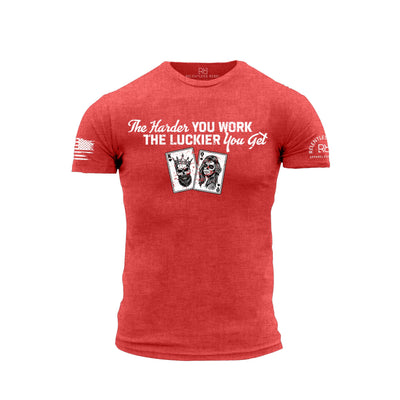 Red t-shirt with white text and card design on a white background