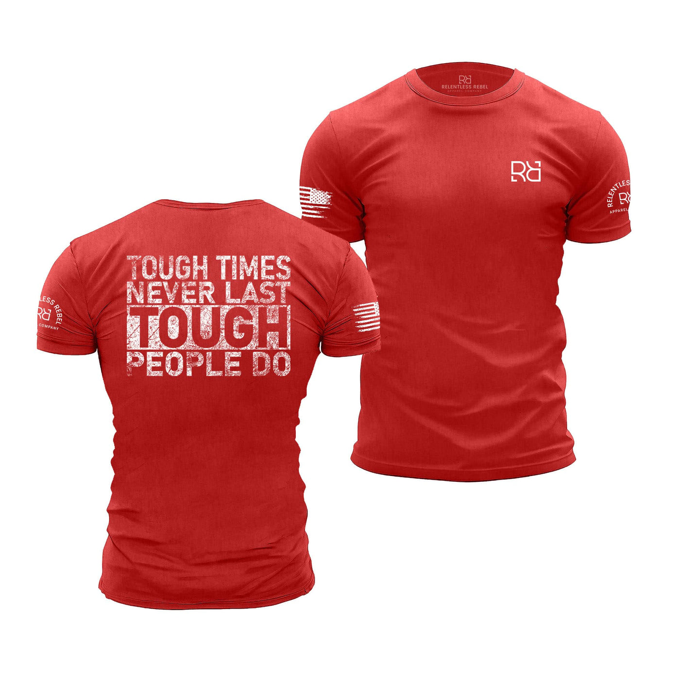 Red t-shirt with motivational quote on front and logo on sleeve, displayed from front and back views.