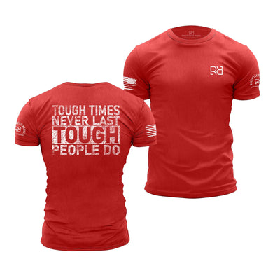 Red t-shirt with motivational quote on front and logo on sleeve, displayed from front and back views.