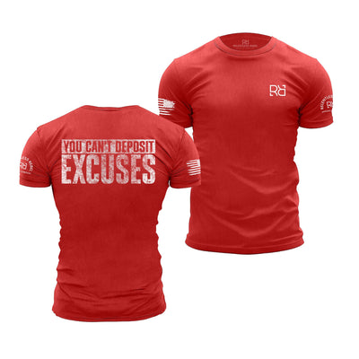 Red t-shirt with motivational text and logo on a white background
