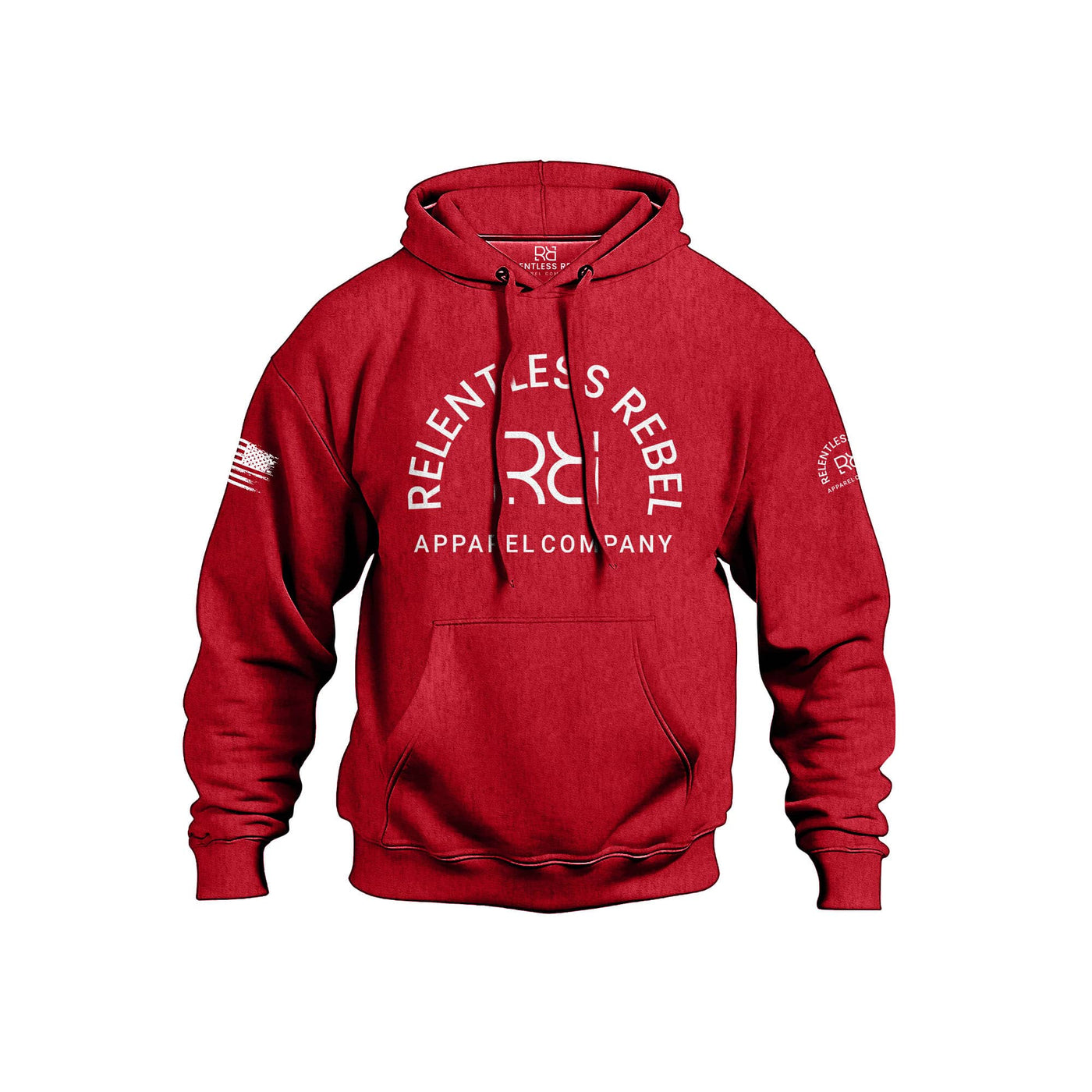 Red hoodie with 'Relentless Rebel Apparel Company' logo on a white background