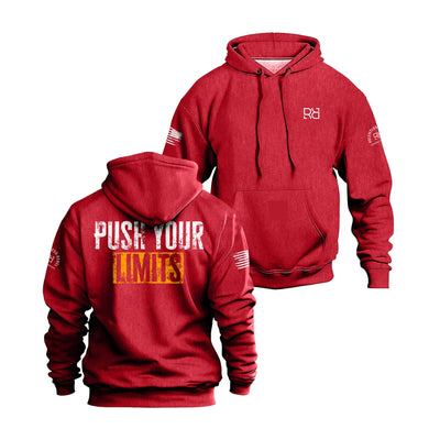 Red hoodie with text and logos on a white background