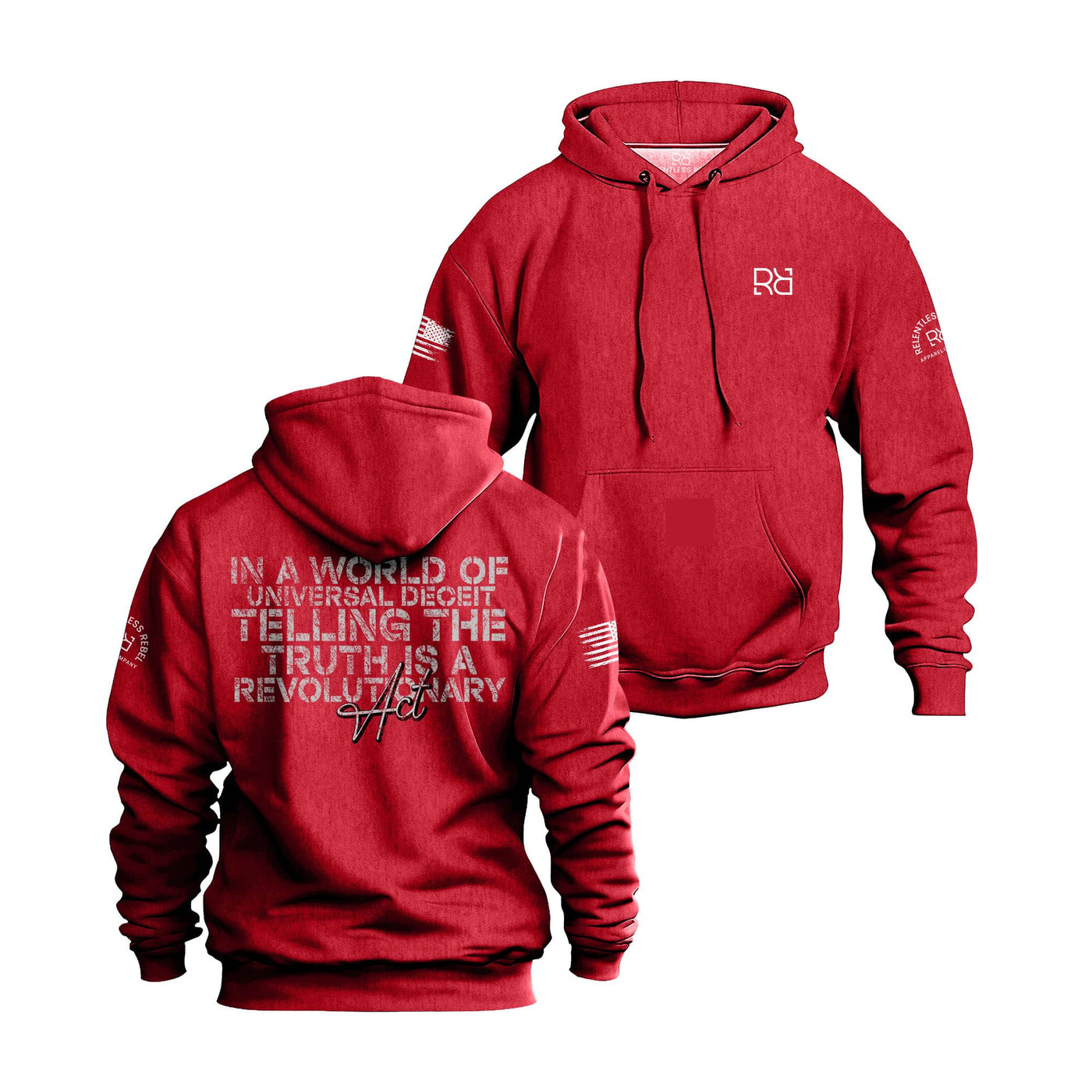Red hoodie with text and logos on a white background