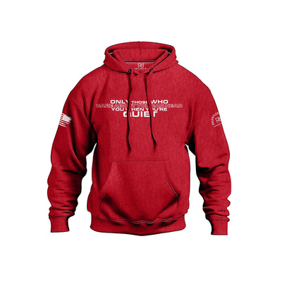 Red hoodie with text on a white background