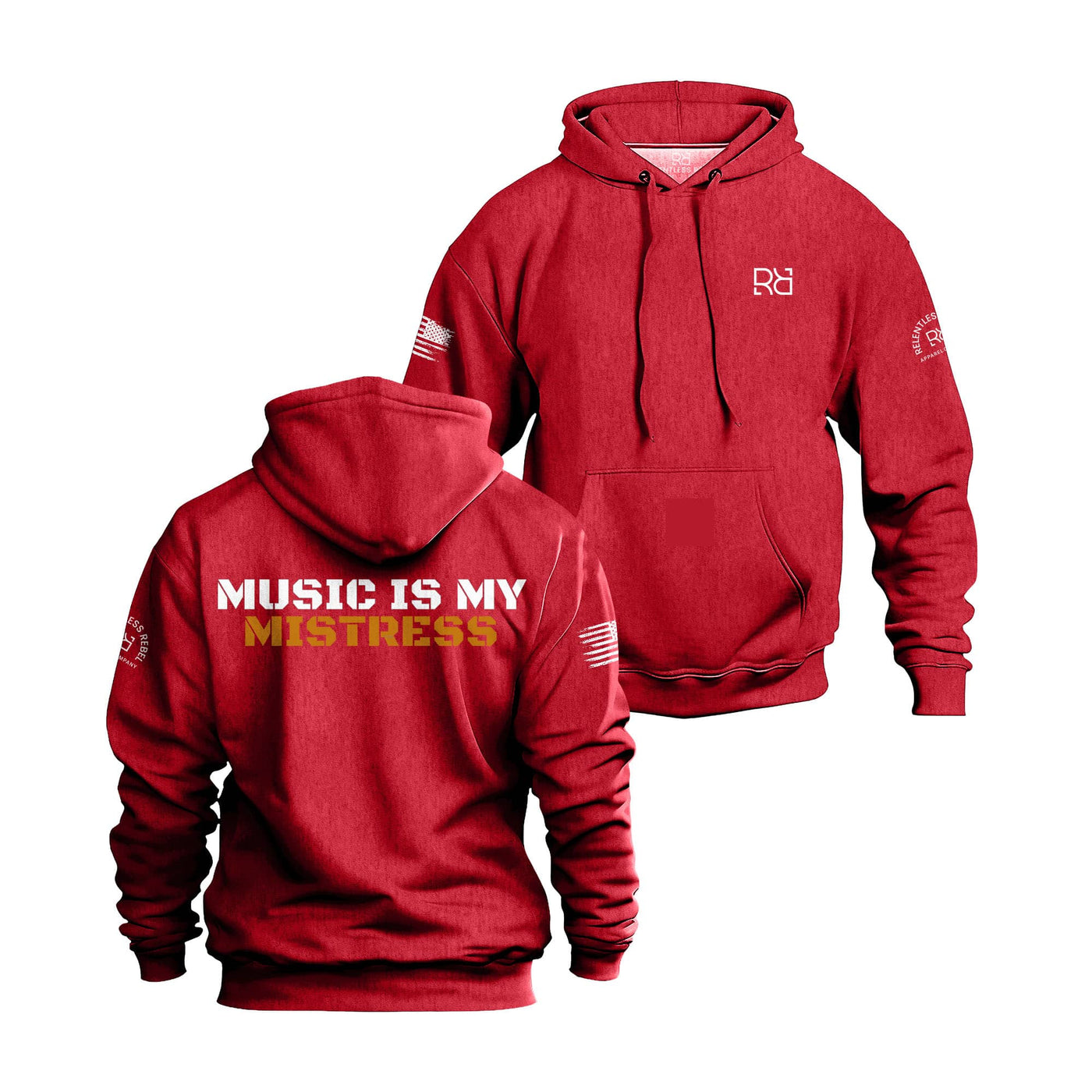 Red hoodie with 'Music is my Mistress' text on the back, displayed from front and back views.