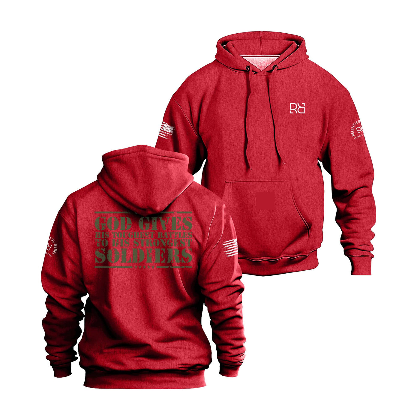 Red hoodie with text and logos on a white background