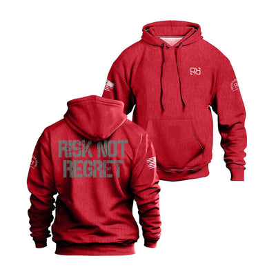 Red hoodie with 'Risk Not Regret' text on a white background