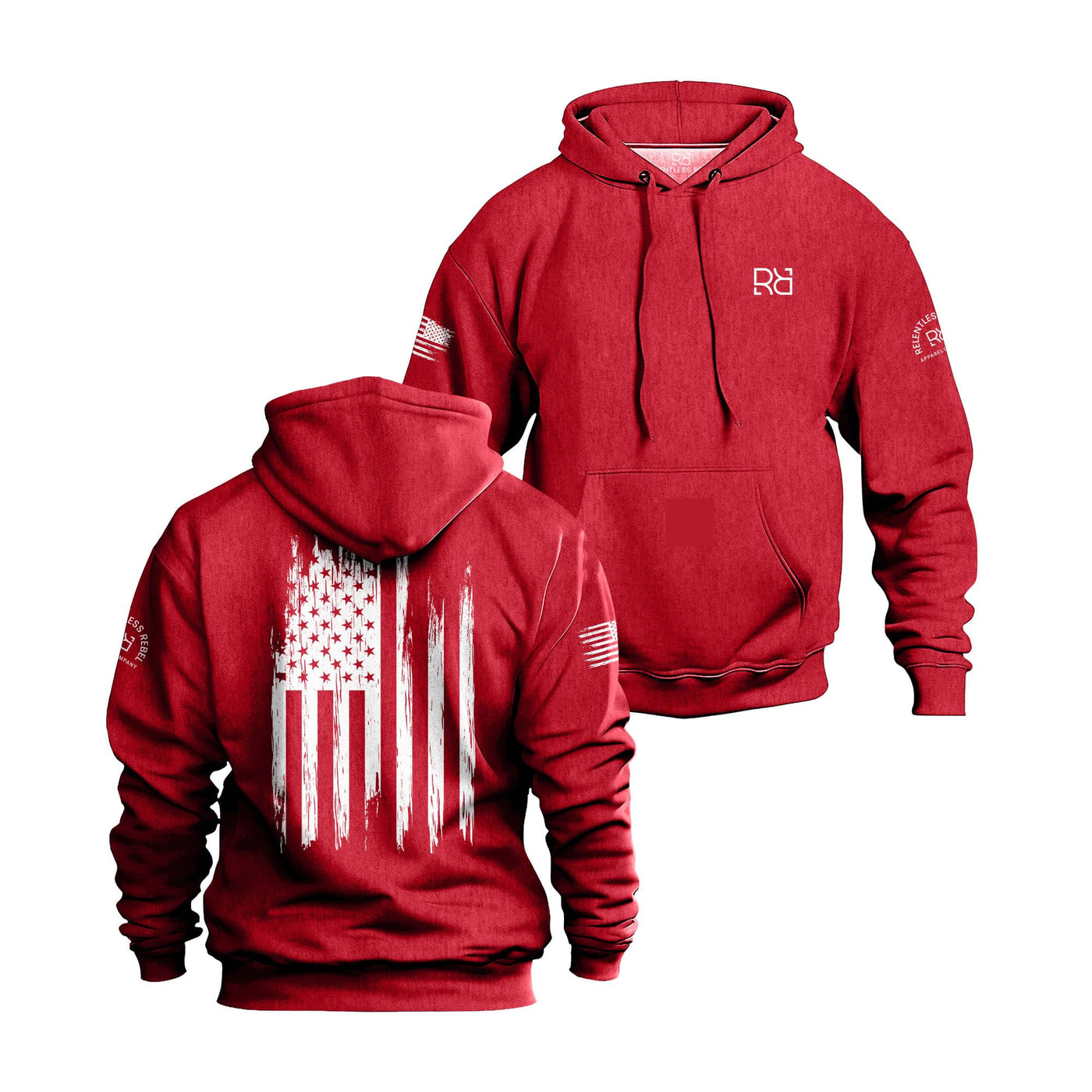 Red hoodie with American flag design on the back, displayed from front and back views.