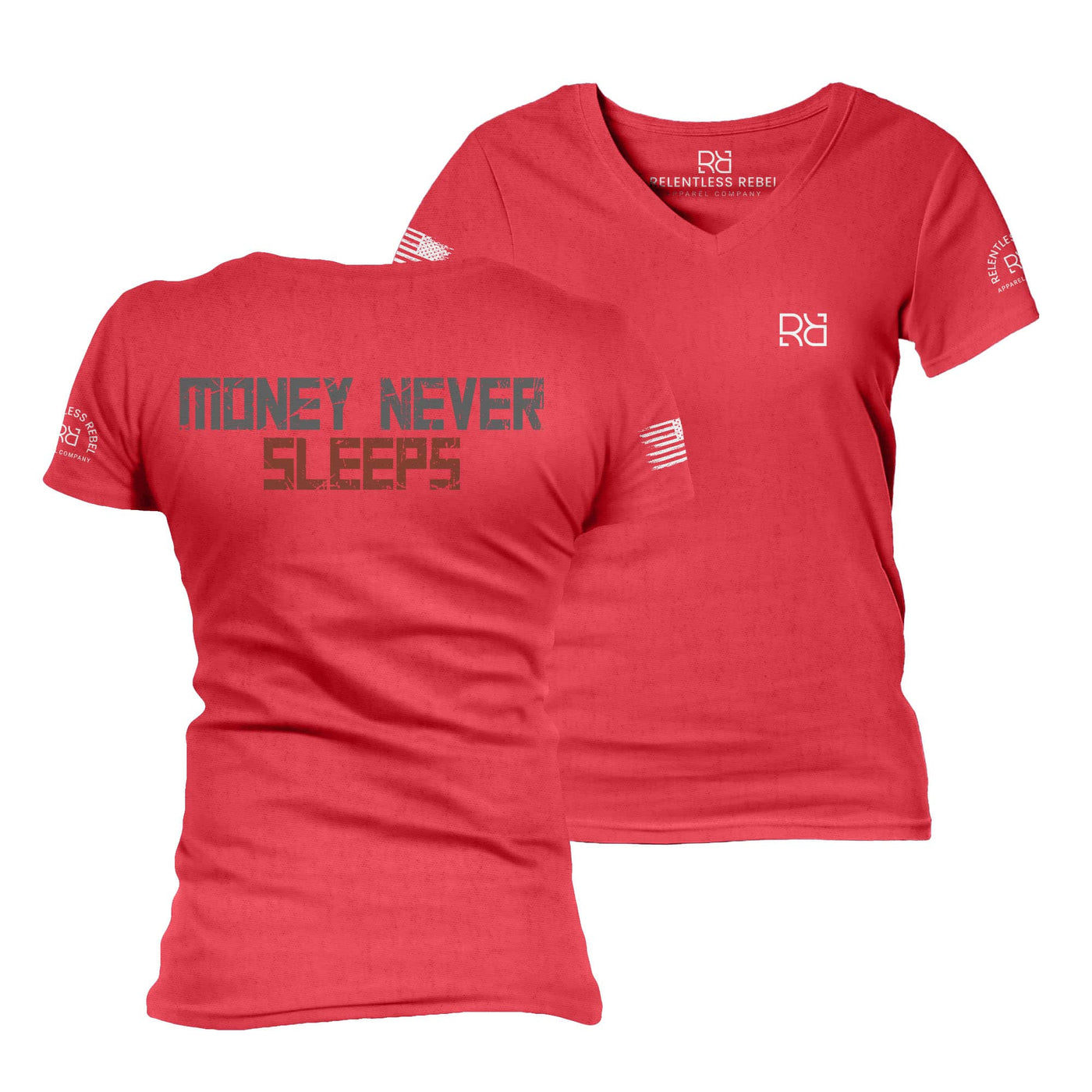 Red t-shirt with 'Money Never Sleeps' text and logos on a white background