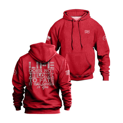 Red hoodie with text and logo on a white background