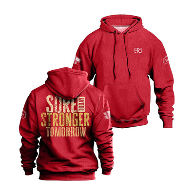 Red hoodie with text and logos on a white background