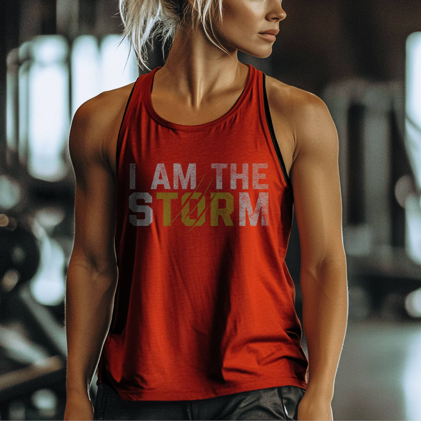 Person wearing a red tank top with 'I AM THE STORM' text in a gym setting