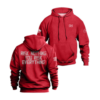 Red hoodie with text and branding on a white background