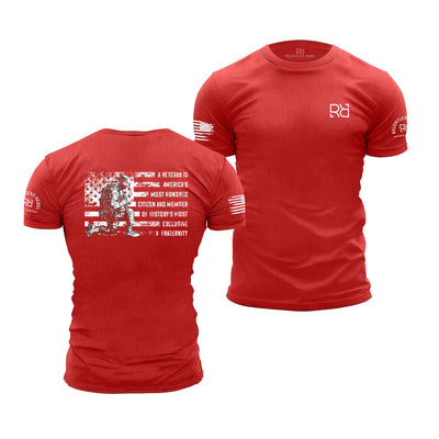 Red t-shirt with graphic design on front and back, featuring a logo on sleeve.