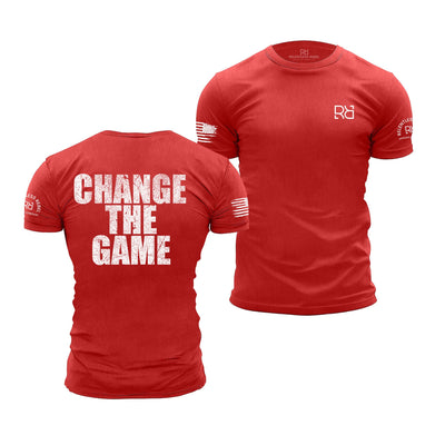 Red t-shirt with 'Change The Game' text on the back, displayed from front and back views.