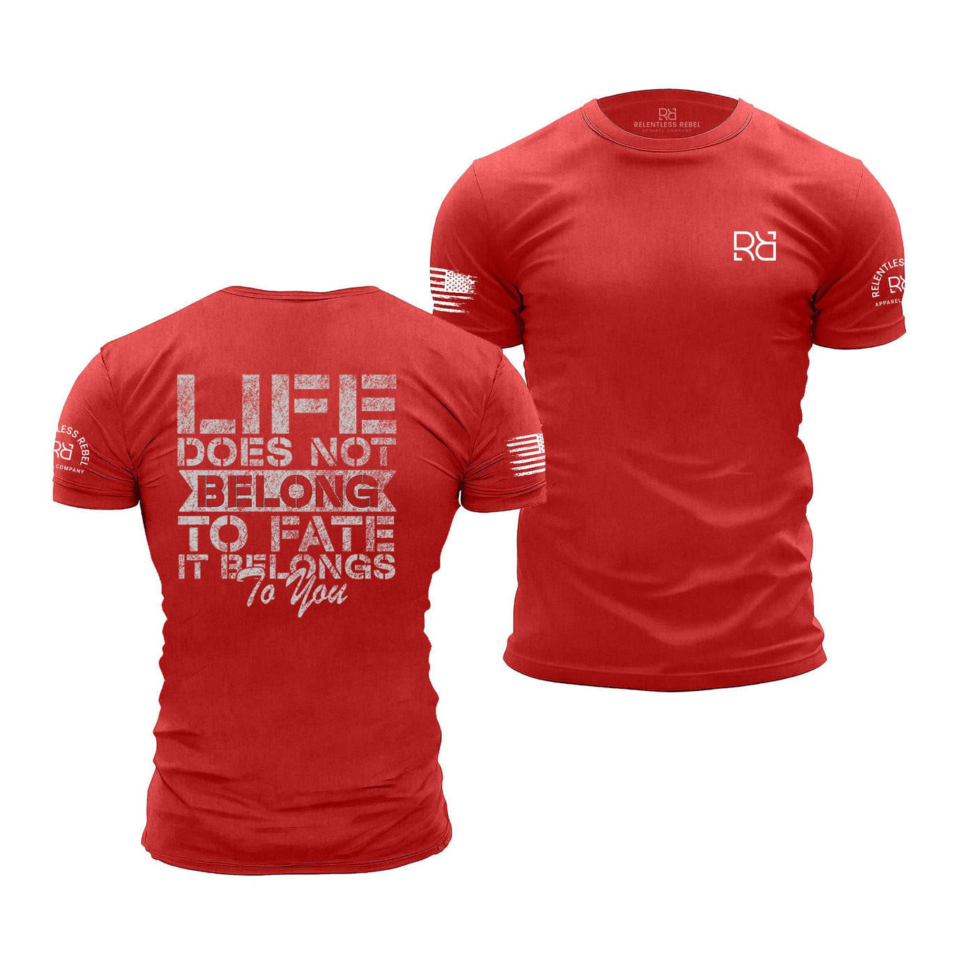 Red t-shirt with motivational quote on front and back, featuring a logo on sleeve.