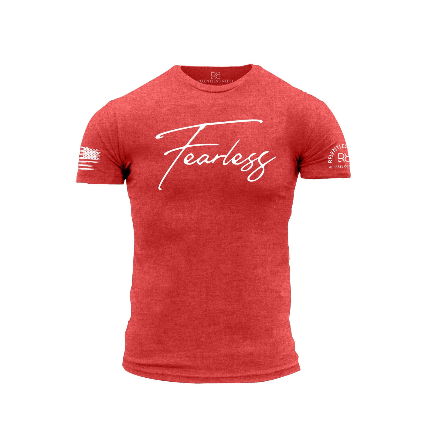 Red t-shirt with 'Fearless' text on a white background