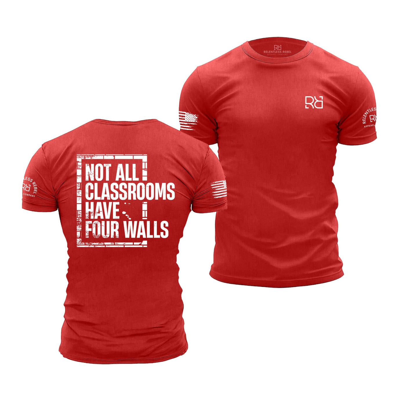 Red t-shirt with text and logo on a white background