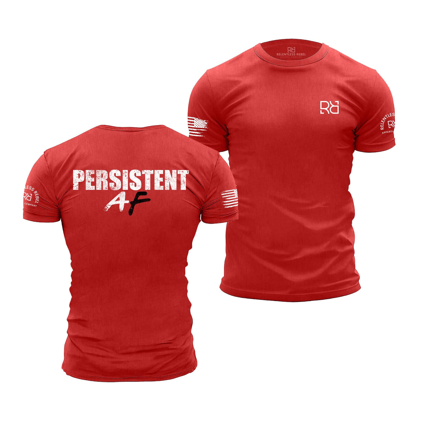 Red t-shirt with 'PERSISTENT AF' text on the back and brand logo on the sleeve, displayed from front and back views.