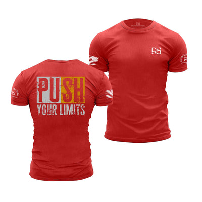 Red t-shirt with 'Push Your Limits' text on the back, displayed from front and back views.