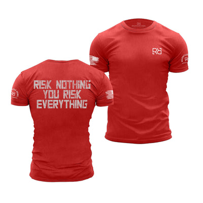 Red t-shirt with text and logo on a white background