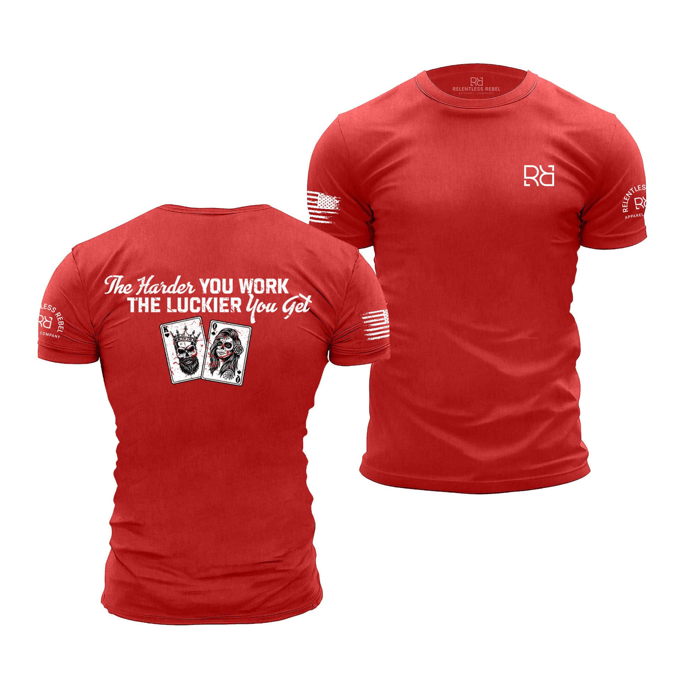 Red t-shirt with text and graphics on a white background