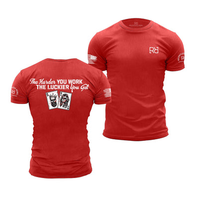 Red t-shirt with text and graphics on a white background