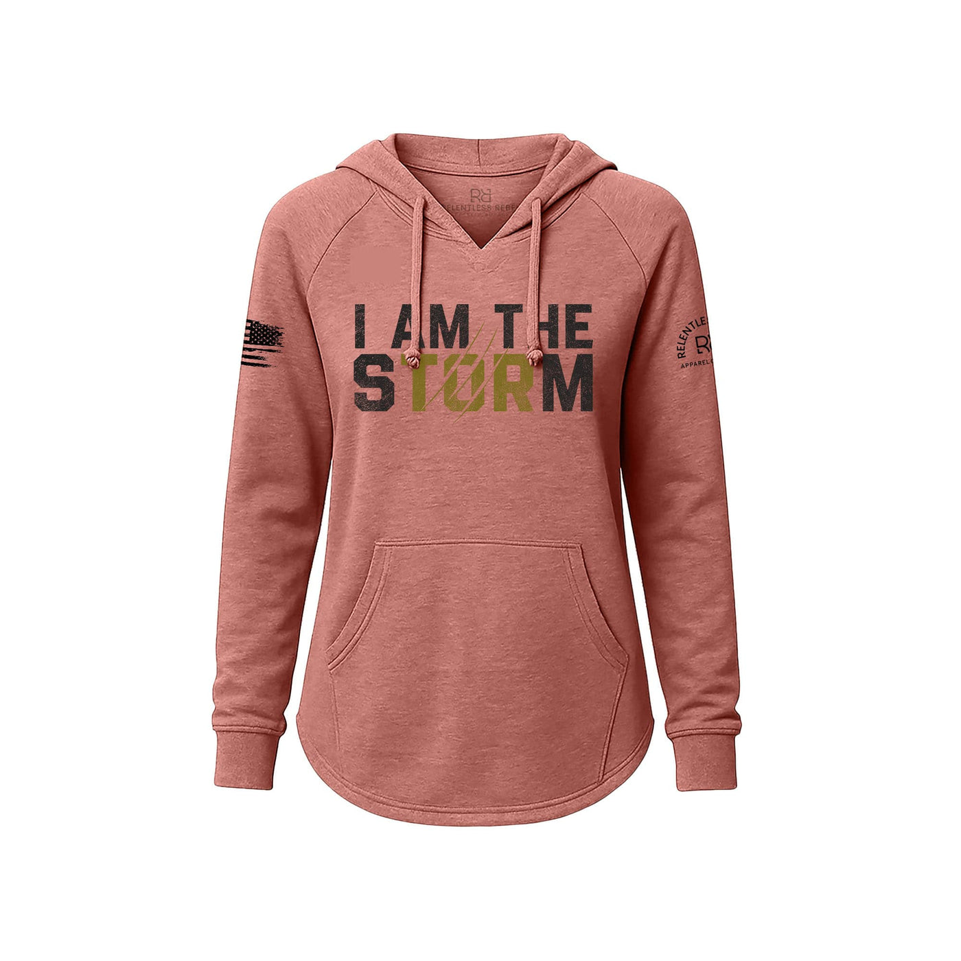 Pink hoodie with 'I AM THE STORM' text on a white background