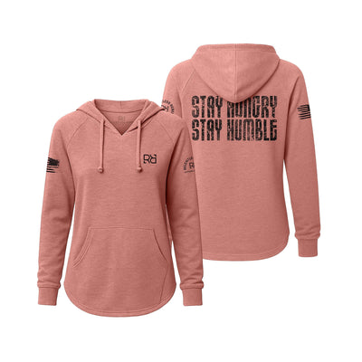 Pink hoodie with 'Stay Hungry Stay Humble' text on a white background