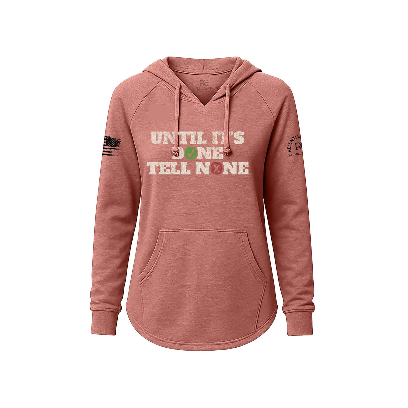 Pink hoodie with text and graphics on a white background
