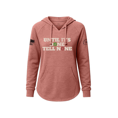 Pink hoodie with text and graphics on a white background