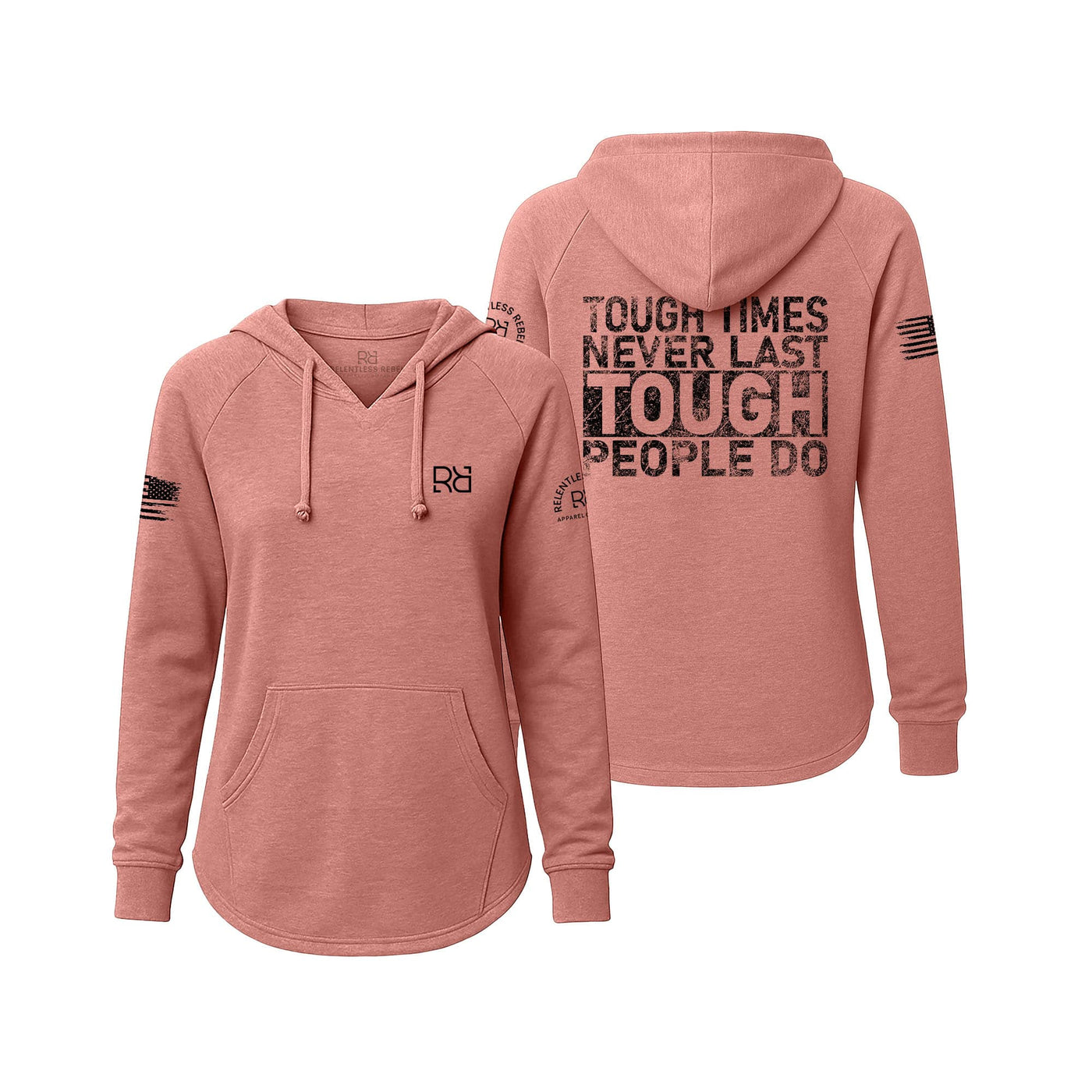 Pink hoodie with text on front and back on a white background
