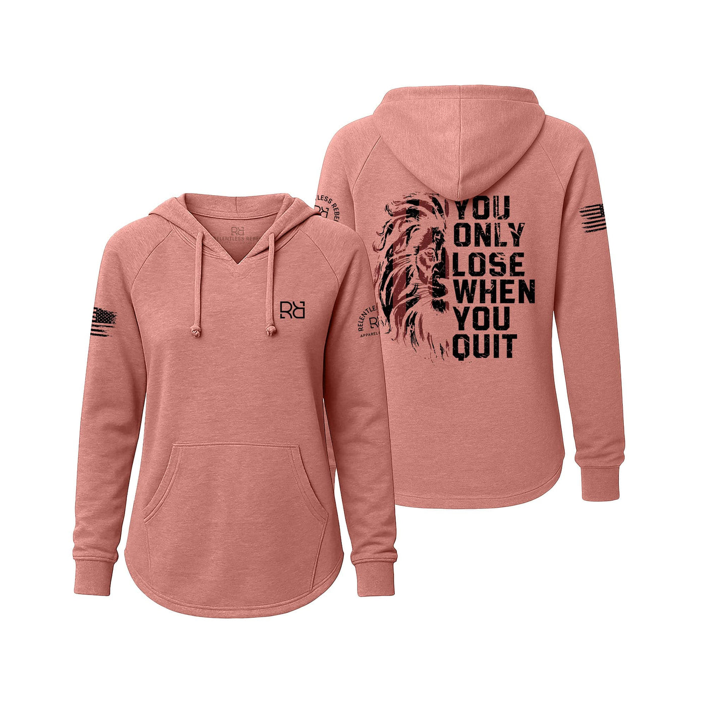 Pink hoodie with motivational quote and lion design on a white background